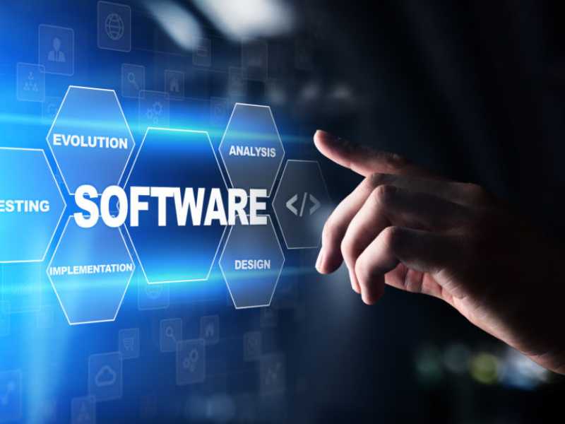 uma mão apontando para a palavra software